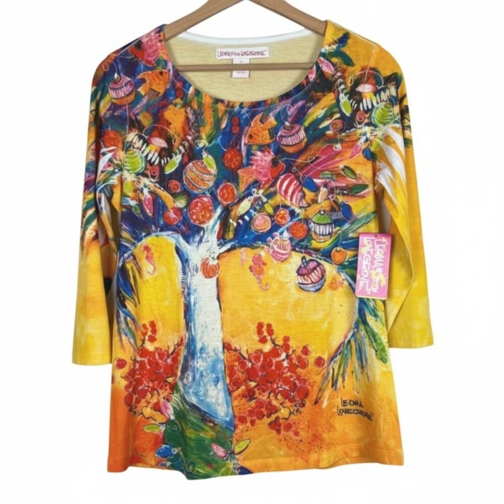 NWT Leoma Lovegrove Womens S Artsy Eclectic Coastal Christmas Holiday Palm Top